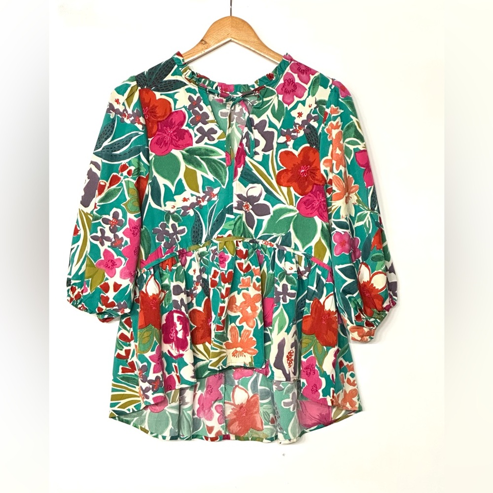 Umgee floral high-low tie ruffle puffy sleeve blouse top small‎